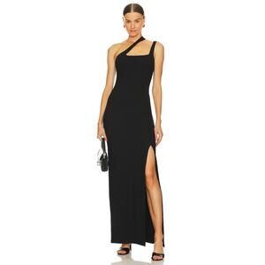 Rangel Babi Dress Black Ponte One Shoulder Cutout Side Slit Stretch Sz XS